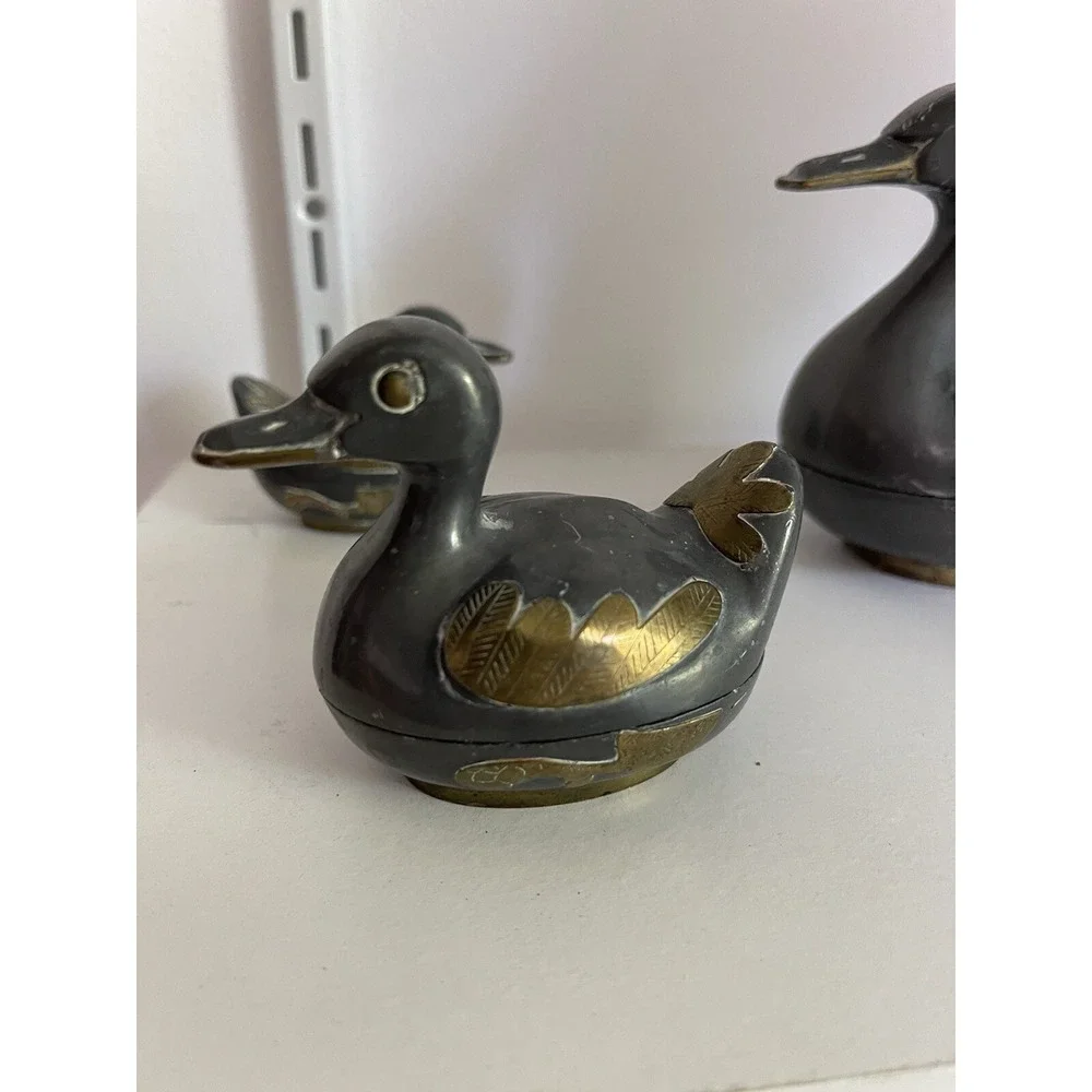 Vintage Solid Pewter and Brass Tin Duck Family Lidded Boxes - Set of 3 Hong Kon